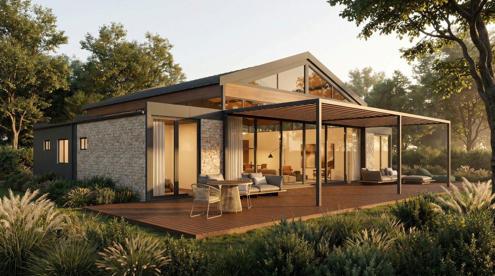 Área externa do Refugio200 com pergola e deck